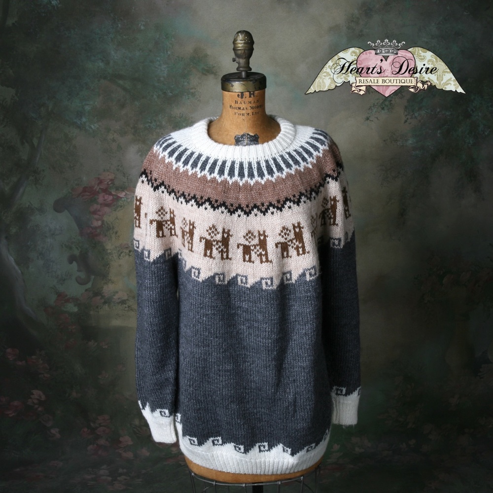 Cozy Nordic Crewneck Sweater in Charcoal, Cream & Brown